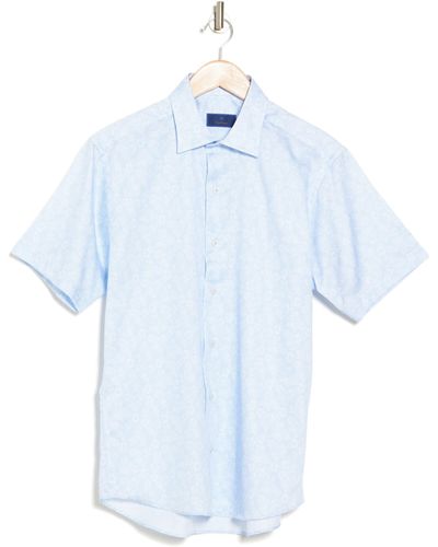 David Donahue Print Cotton Short Sleeve Button-up Shirt - Blue