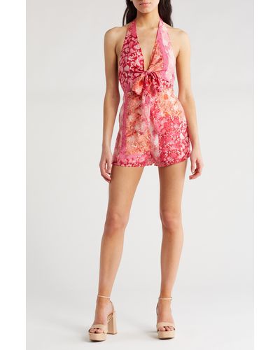Lulus Paloma Party Patchwork Halter Romper - Red