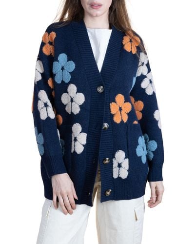 Saachi Floral Print Button Front Cardigan - Blue