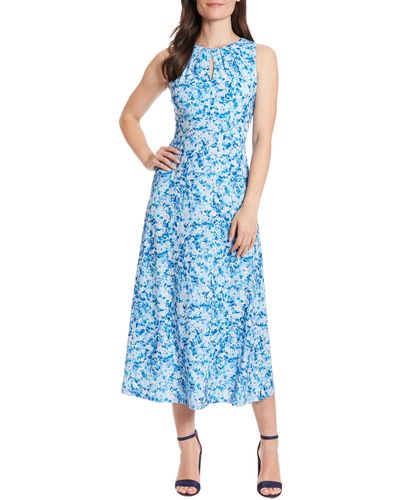 London Times Floral Keyhole Sleeveless Jersey Maxi Dress - Blue