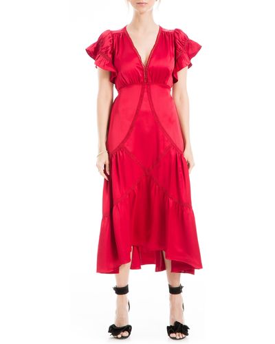 Max Studio Flutter Sleeve Satin Midi Dress - Red