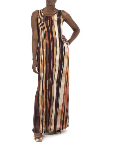 Nina Leonard Stripe Print Maxi Dress - Brown