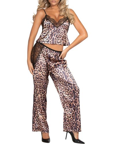 Seven 'til Midnight Leopard Print Satin Camisole & Pants Pajamas - Multicolor