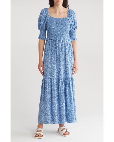 TOPSHOP Shirred Midi Dress With Short Sleeves - Blue