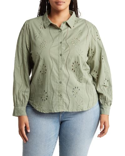 Forgotten Grace Embroidered Eyelet Long Sleeve Button-up Shirt - Green