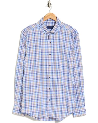 David Donahue Plaid Cotton Button-up Shirt - Blue