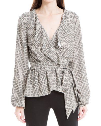 Max Studio Medallion Print Ruffle Blouse - Gray