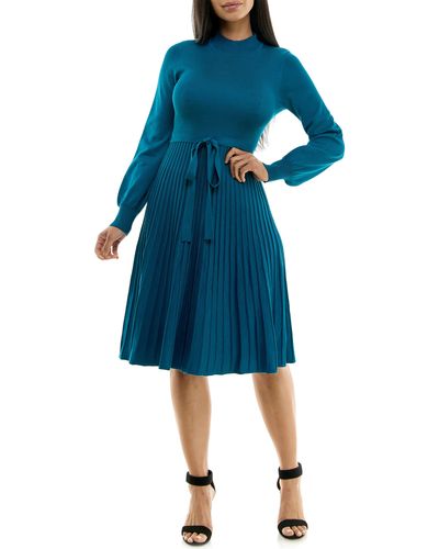 Nina Leonard Tie Waist Fit & Flare Sweater Dress - Blue