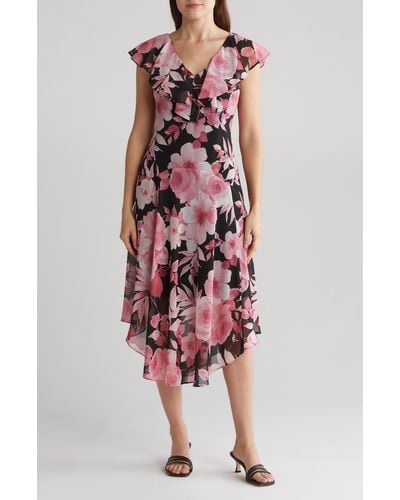 Connected Apparel Floral Chiffon Dress - Red