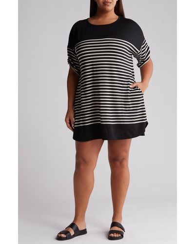 Max Studio Stripe Ruched Short Sleeve T-shirt Dress - Black