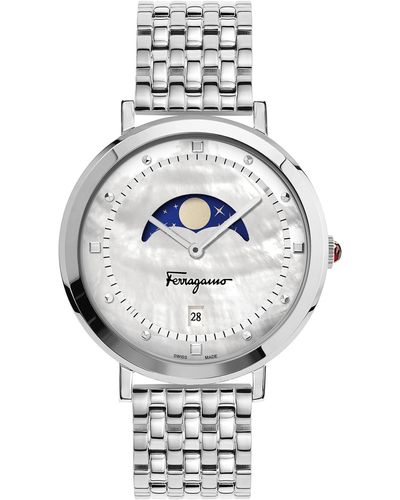 Ferragamo Salvatore Logomania Moon Phase White Dial Stainless Steel Bracelet Watch - Gray