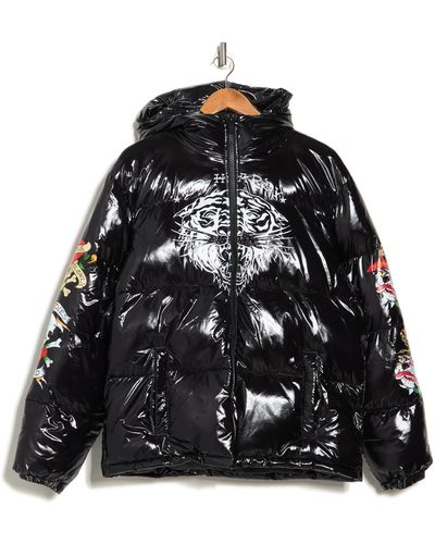 Ed Hardy Tiger And Skull Water Repellent Puffer Jacket - Black