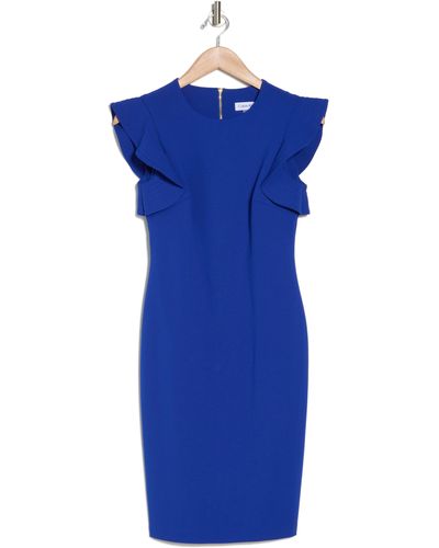 Calvin Klein Ruffle Scuba Crepe Sheath Dress - Blue