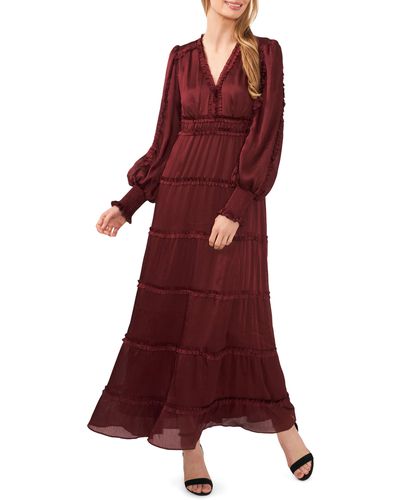 Cece Ruffle Long Sleeve Satin Maxi Dress - Red