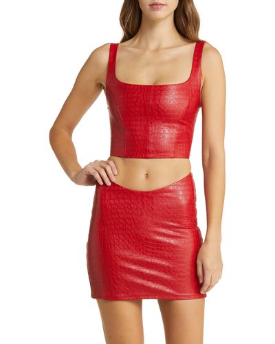 Naked Wardrobe The Crocodile Collection Croc Embossed Faux Leather Corset Crop Top - Red