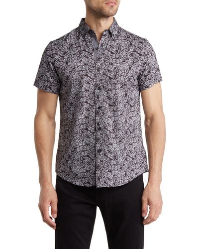 Report Collection Leaf Print Short Sleeve Stretch Button-up Shirt - Gray
