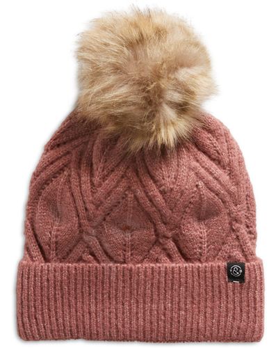 Treasure & Bond Cable Knit Beanie With Faux Fur Pompom - Red
