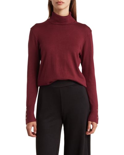 Joseph A Turtleneck Button Sleeve Pullover Sweater - Red