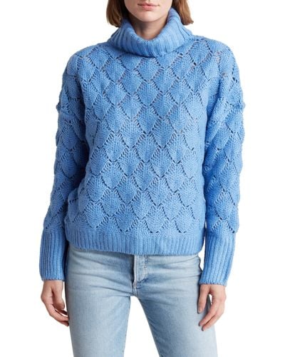 FRNCH Bubble Stitch Open Knit Turtleneck Sweater - Blue