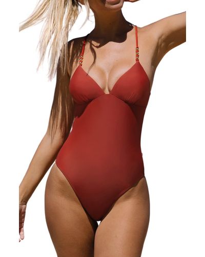 CUPSHE Solid V-neck One-piece Swimsuit - Red