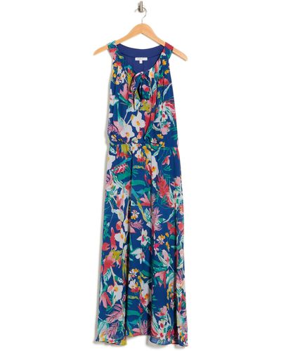 Sandra Darren Tie Neck Sleeveless Floral Print Maxi Dress In Blue/blush/green At Nordstrom Rack