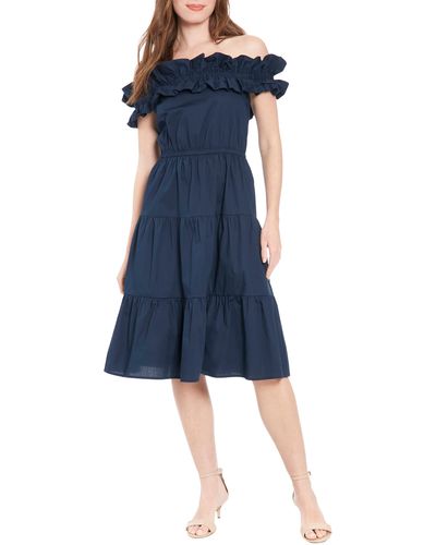 London Times Ruffle Off The Shoulder Tiered Dress - Blue