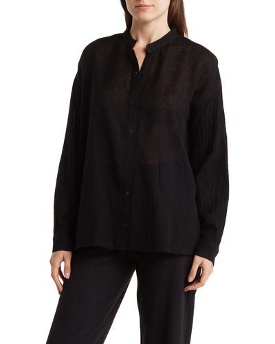 Eileen Fisher Mandarin Collar Long Sleeve Wool Shirt - Black
