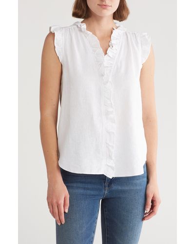 Ellen Tracy Ruffle Linen Blend Shirt - White