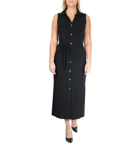 Nina Leonard Button Front Midi Shirt Dress - Black