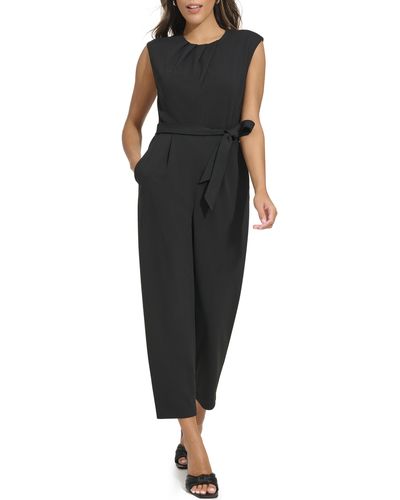 Calvin Klein Pleated Neck Sleeveless Tie Waist Jumpsuit - Black