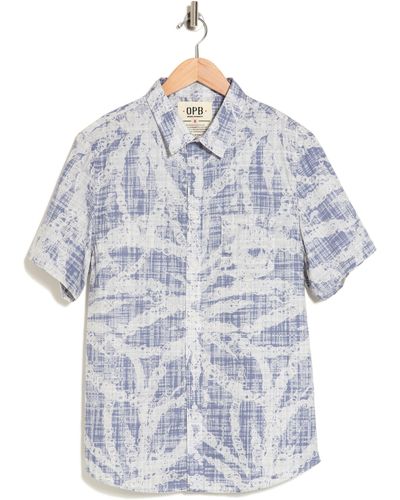 Original Paperbacks Florence Leaf Print Short Sleeve Cotton Button-up Shirt - Blue