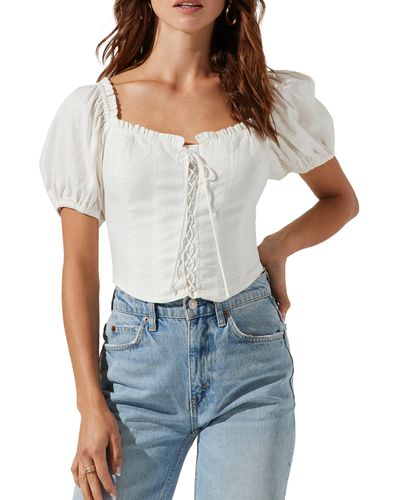 Astr Puff Sleeve Lace-up Recycled Cotton & Recycled Polyester Crop Top - White