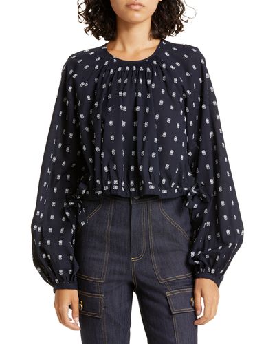 Cinq À Sept Embroidered Balloon Sleeve Cotton Top - Black