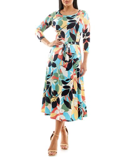 Nina Leonard Crewneck Three-quarter Sleeve Midi Dress - Multicolor