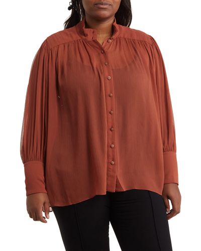 Plus Size Sheer Lurex Button Down Long Sleeve Shirt - Red