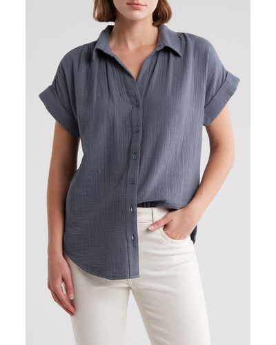 Caslon Short Sleeve Cotton Gauze Button-up Shirt - Blue