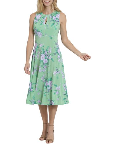 London Times Floral Pleated Neck Midi Dress - Green