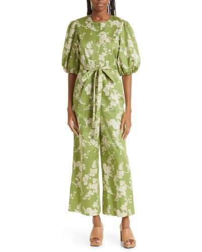 Rebecca Taylor Gab Floral Print Tie Waist Wide Leg Cotton Jumpsuit - Green