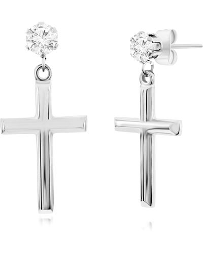Black Jack Jewelry Stainless Steel & Cz Cross Drop Earrings - White