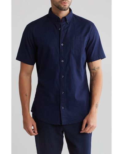 14th & Union Slim Fit Short Sleeve Linen Blend Button-down Shirt - Blue