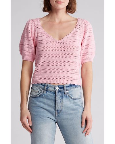 Lush Puff Sleeve Cotton Crochet Top - Red
