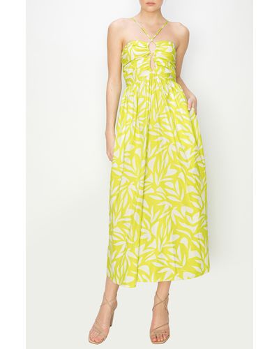 MELLODAY Leaf Print Halter Strap Dress - Yellow