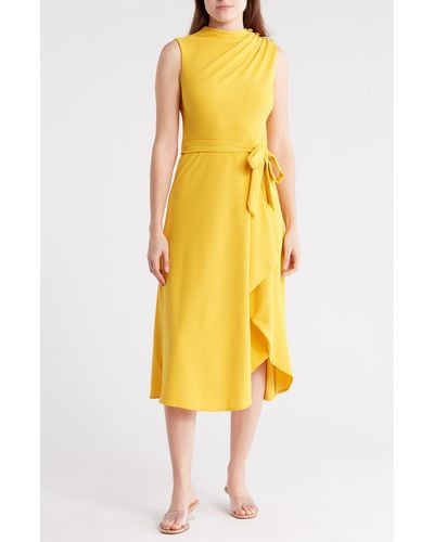 DKNY Sleeveless Tie Belt A-line Midi Dress - Yellow
