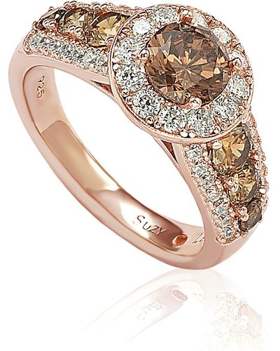 Suzy Levian Rose Tone Sterling Silver Cz Pave Ring - Brown