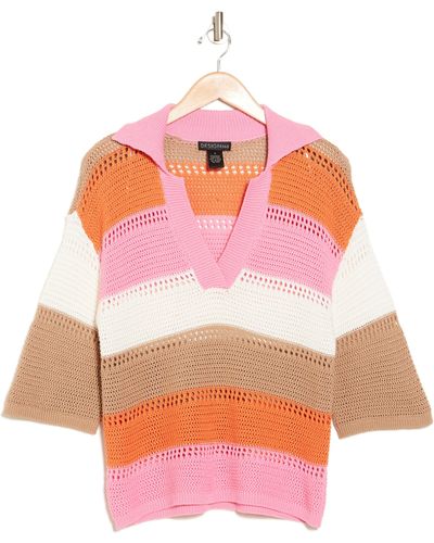 Design History Colorblock Short Sleeve Open Knit Polo Sweater - Pink
