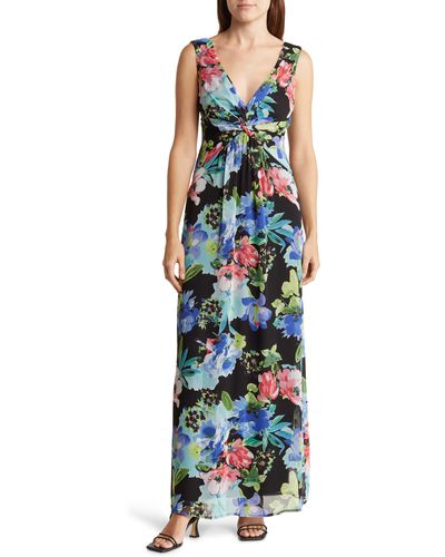 Connected Apparel Sleeveless Twisted Bodice Floral Dress - Blue