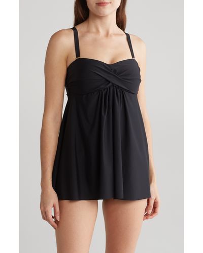 Nicole Miller Floral Bandeau Ruche One-piece Swim Dress - Black