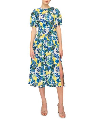 MELLODAY Tropical Print Puff Sleeve Midi Dress - Blue