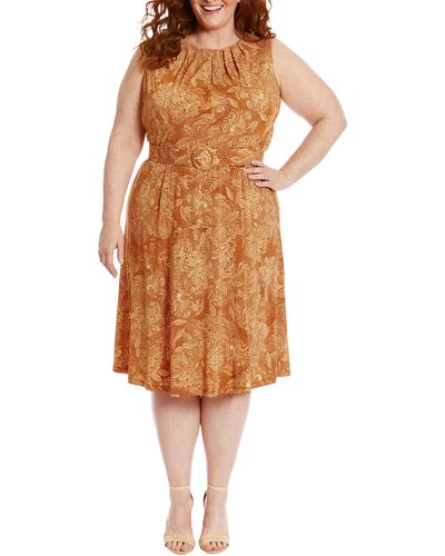 London Times Floral Sleeveless Belted A-line Dress - Brown
