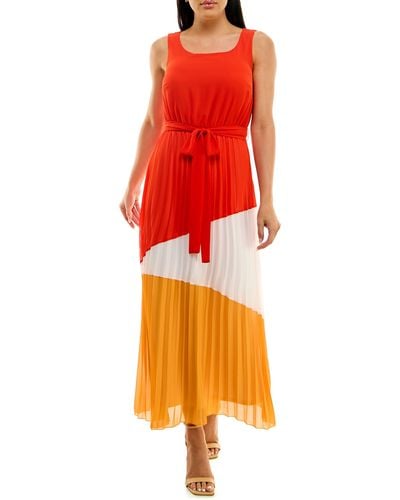 Nina Leonard Colorblock Pleated Chiffon Maxi Dress - Orange